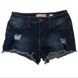 YMI Wanna Betta Butt? Distressed Mid Rise Frayed Hem Dark Wash Denim Shorts sz 7